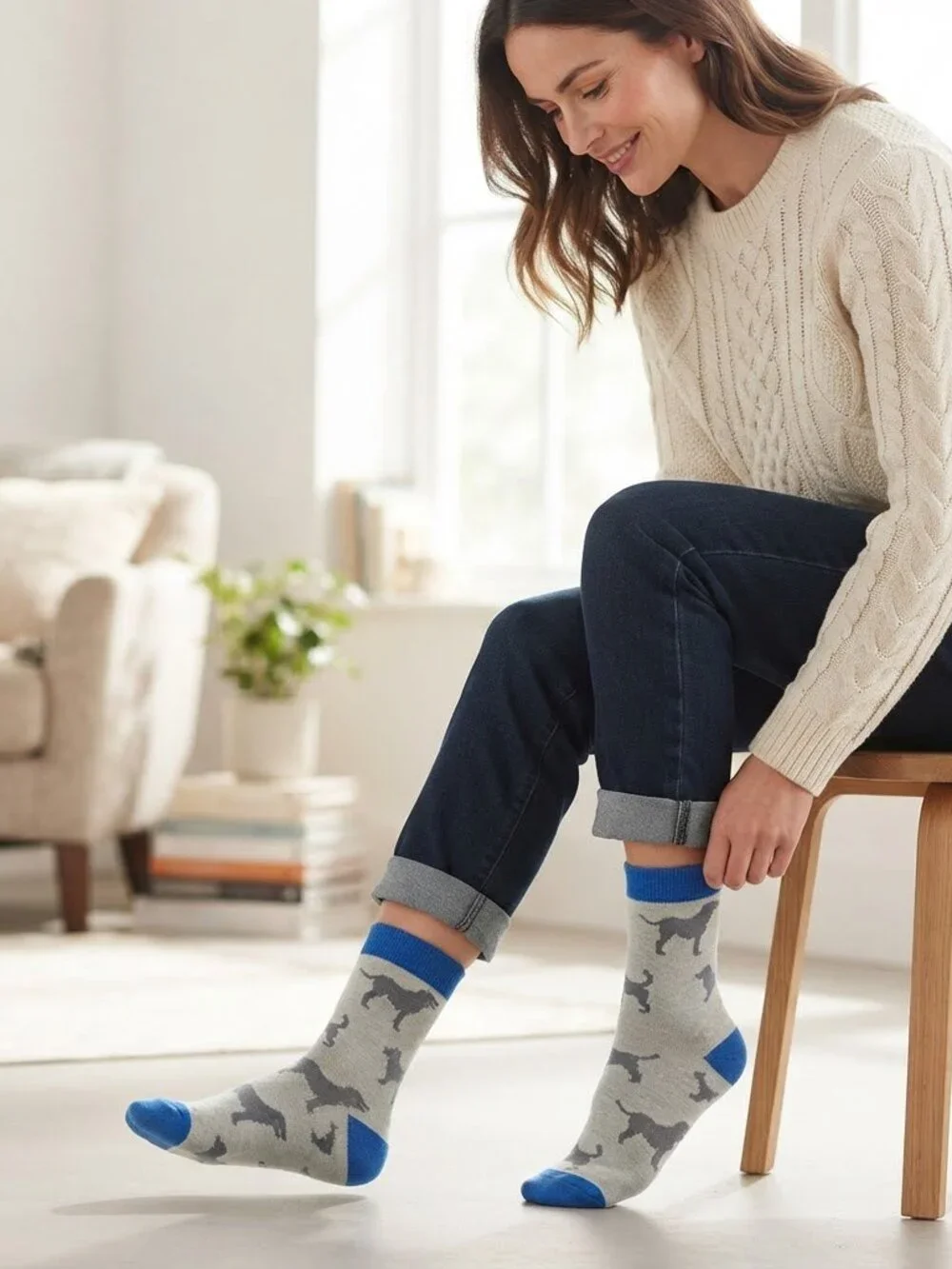 Dog Patterned Blue and Gray Labrador Crew Socks Women One Size